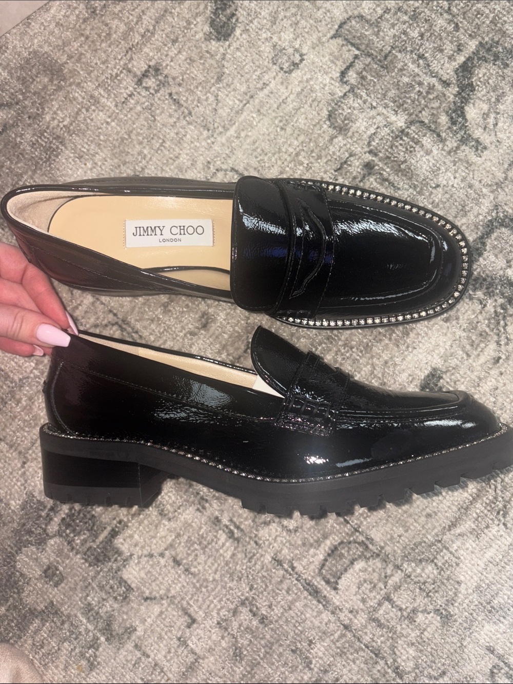 Jimmy Choo Black Patent Leather Loafers with Crystal-Trim - Picture 5 of 8